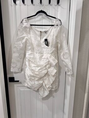 Fashion Nova White Floral Brocade Puff-Sleeve Mini Dress